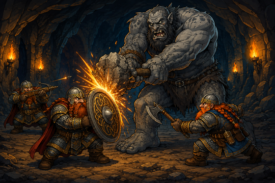 Dwarfs fighting a cave troll