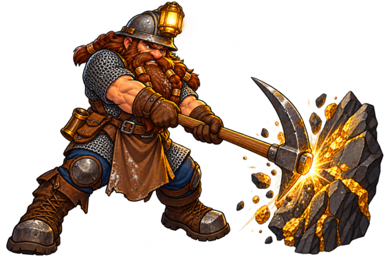 A dwarf miner striking gold ore