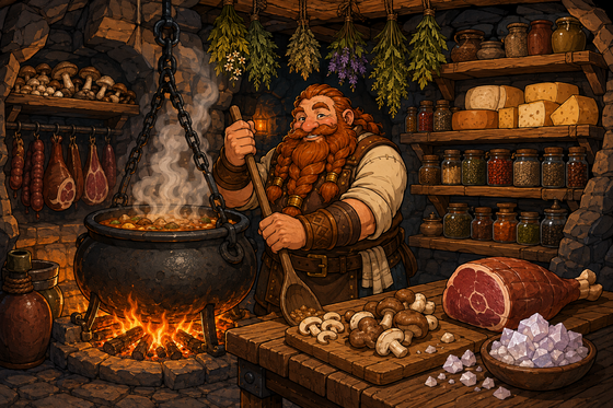 A dwarf chef cooking in an underground kitchen